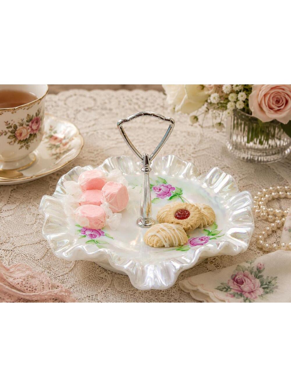 Vintage Signed Fenton Iridescent Rose Tidbit Tray Candy Dish